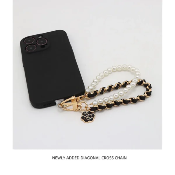 Mobile Phone Case Accessories Double Chains With Pearls Wrist Strap Luxury Phone Leather Chains