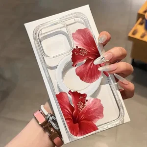 Magnetic Phone Case for IPhone Red Flower Printed Cover